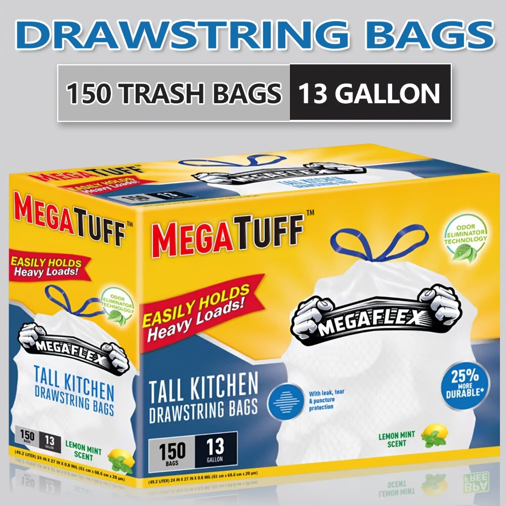 150/78/33 Bags 13 Gallon Capacity Trash Bags, Boxed Disposable Non Tear Garbage Bag Puncture Tear Resistant, ODOR ELIMINATORTECHNOLOGY Kitchen Drawstring Garbage Bags Fresh Clean Scent with Lemon Mint Scent, EASY to USEDRAWSTRINGS MORE DURABLE