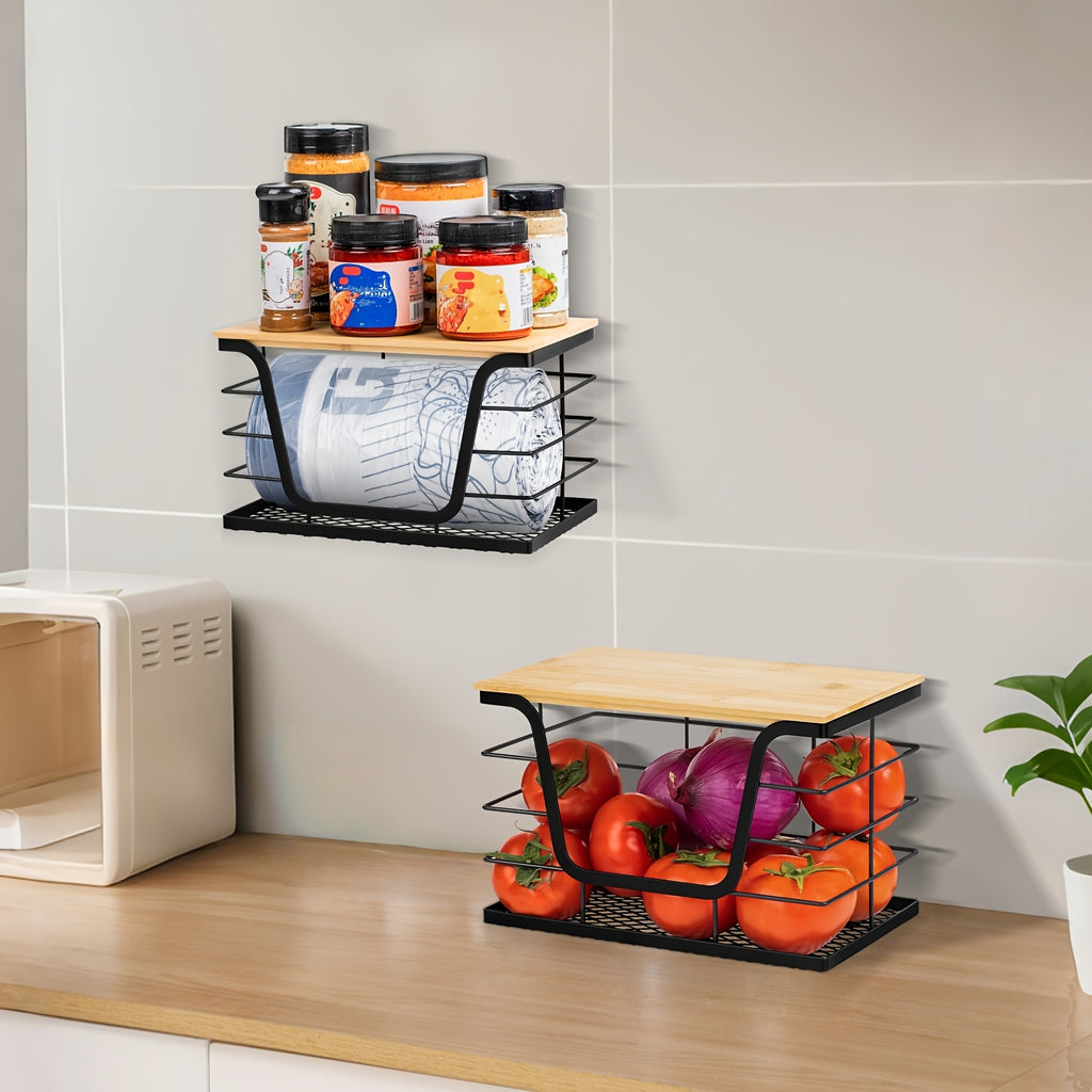 Wetheny Trash Bag Holder with Bamboo Top And Mesh Bottom, Stackable Garbage Bag Dispenser Under Sink, Wall-Mounted Storage for Kitchen Laundry Organizers, Black