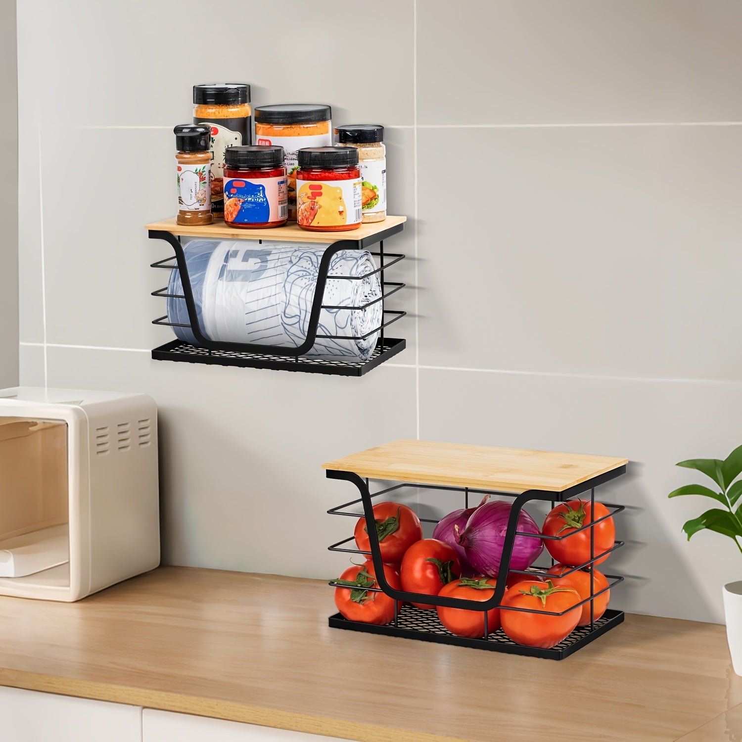 Wetheny Trash Bag Holder with Bamboo Top And Mesh Bottom, Stackable Garbage Bag Dispenser Under Sink, Wall-Mounted Storage for Kitchen Laundry Organizers, Black