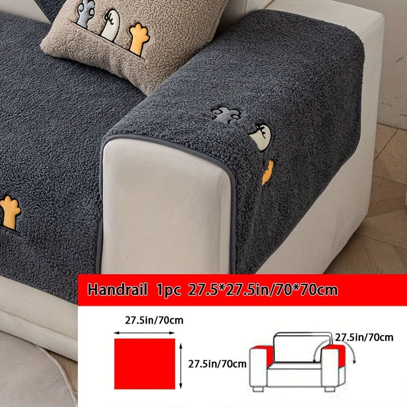 1pc Plush Thick Shearling Sofa Cover with Cute Animal & Bone Embroidery - Pet-Friendly, Non-Slip Couch Protector for All Sofa Sizes from Single to Four-Seater - Soft, Warm Decor for Living Room, Bedroom, Office, Sofa Covers for Living Room