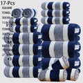 17pcs Luxury Bath Towels Set - Quick-Dry Highly Absorbent Plush Soft Coral Fleece-like Texture, Multi-Size Family Bathroom Towels with Hanging Loops (11.81x11.81inch, 27.56x55.12inch) for Home, Hotel & Spa - Navy & Striped Design, Durable & Space-Saving S