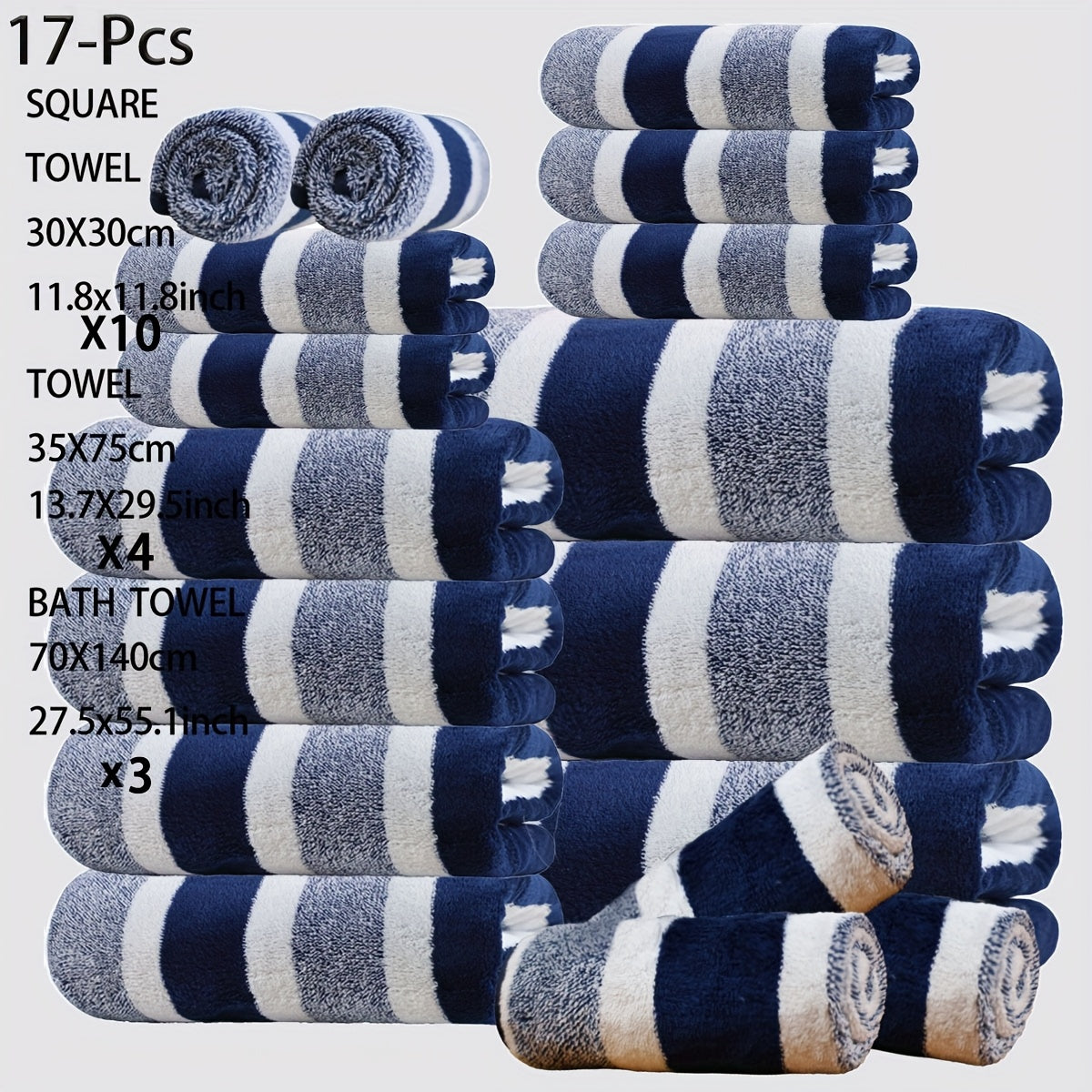 17pcs Luxury Bath Towels Set - Quick-Dry Highly Absorbent Plush Soft Coral Fleece-like Texture, Multi-Size Family Bathroom Towels with Hanging Loops (11.81x11.81inch, 27.56x55.12inch) for Home, Hotel & Spa - Navy & Striped Design, Durable & Space-Saving S