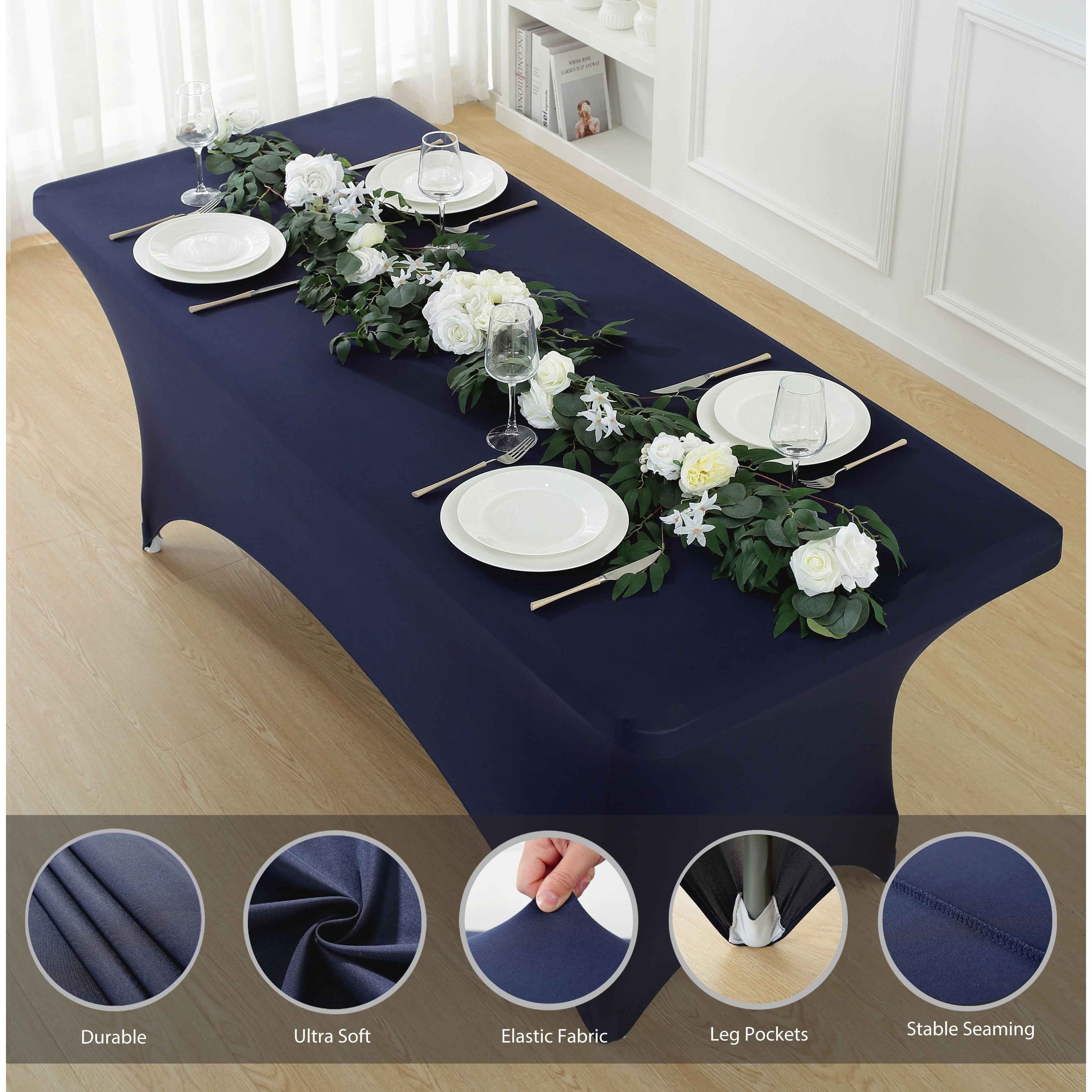 2pc 4ft/6ft/8ft Spandex Tablecloth, Fitted tablecloth, Wrinkle Resistant Stretchable Rectangle Table Cover For Event, Wedding & Parties