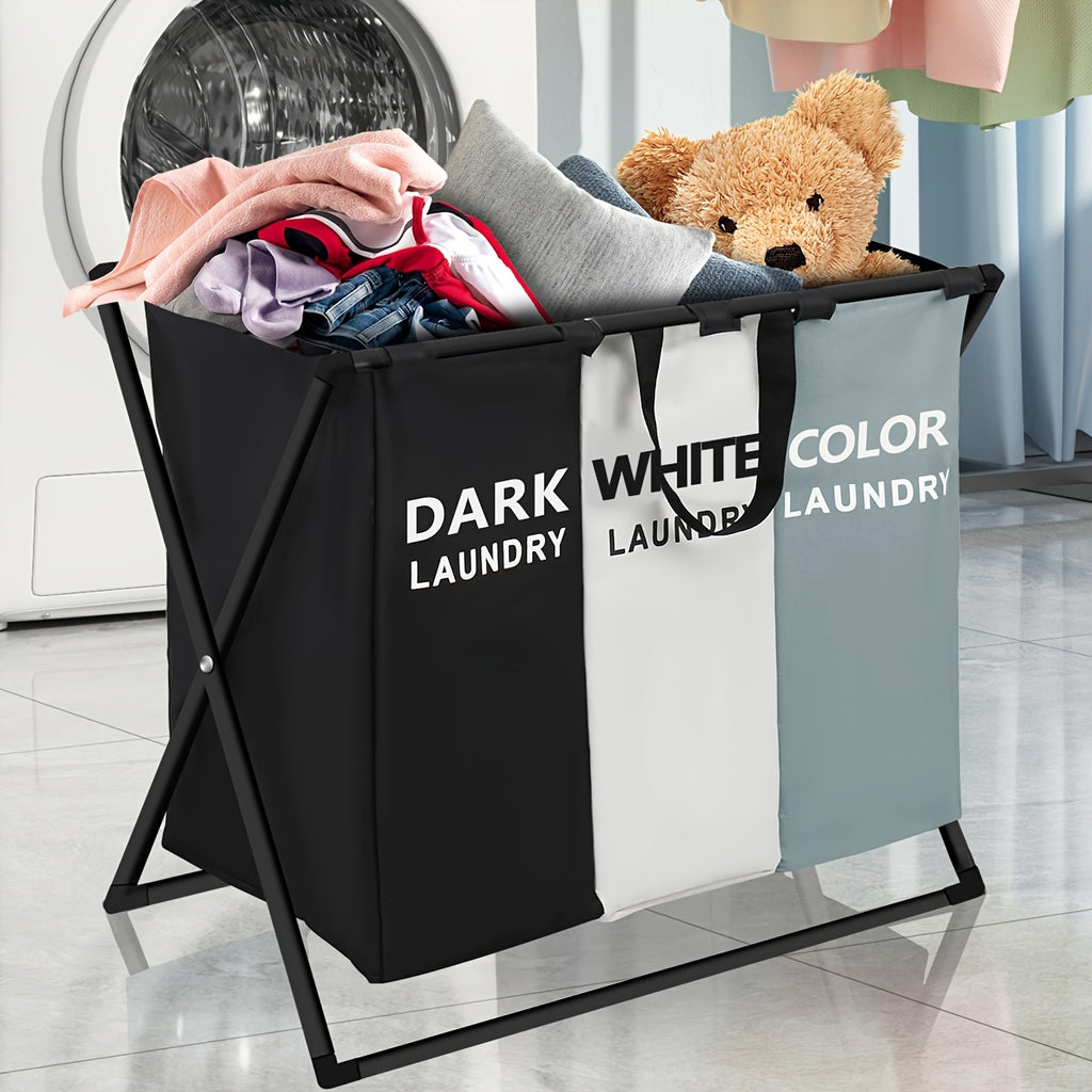 3 Section Laundry Basket Foldable Hamper Sorter with Oxford Bags Large Rectangular Laundry Hamper Basket with Handles - Durable Fabric-Component Design for Home College Dorm Bathroom & Bedroom