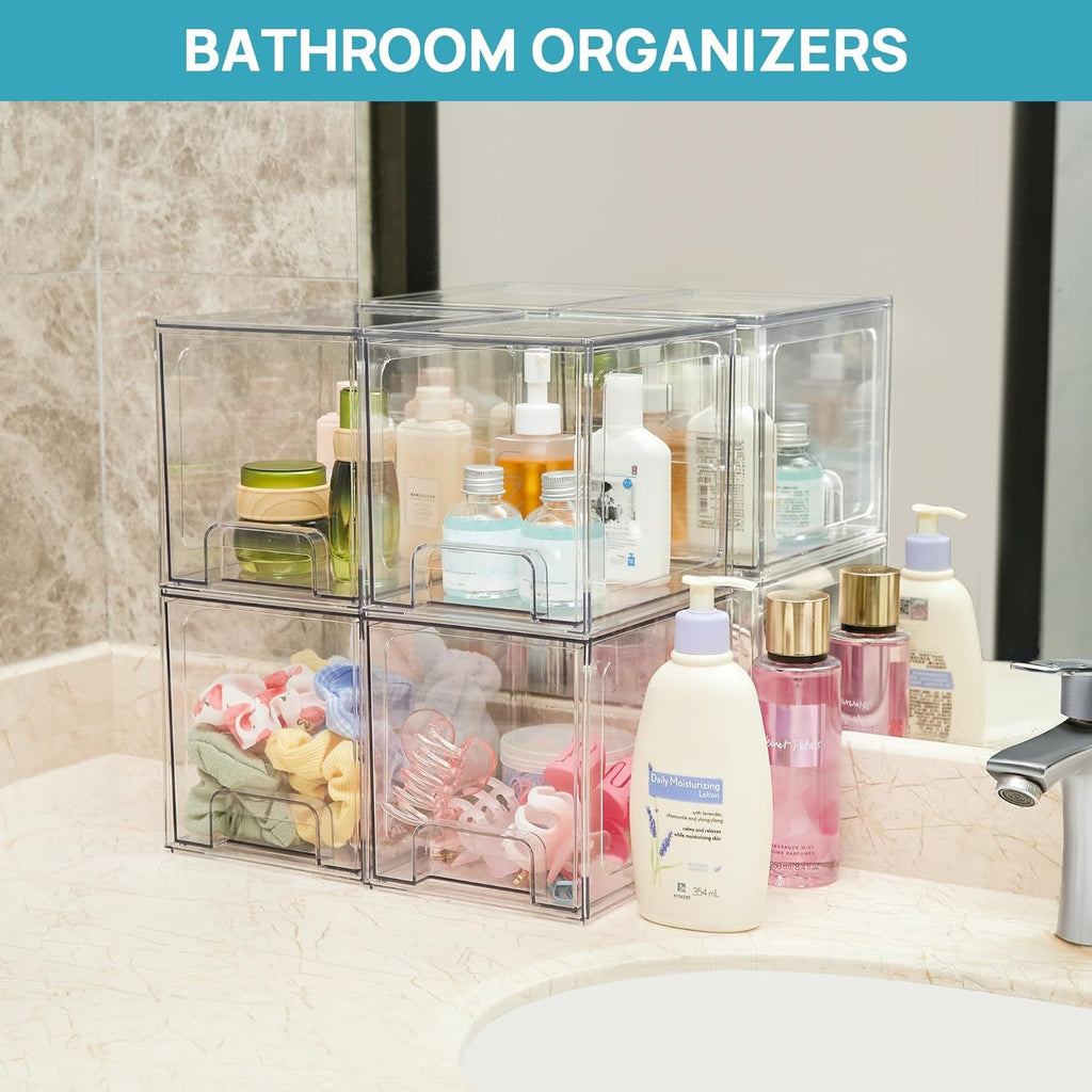 Stackable Storage Drawers 4 Pack Clear Acrylic Makeup Organizer for Bathroom Vanity Countertop BPA-Free Plastic Storage Bins Perfume Skincare Organizer