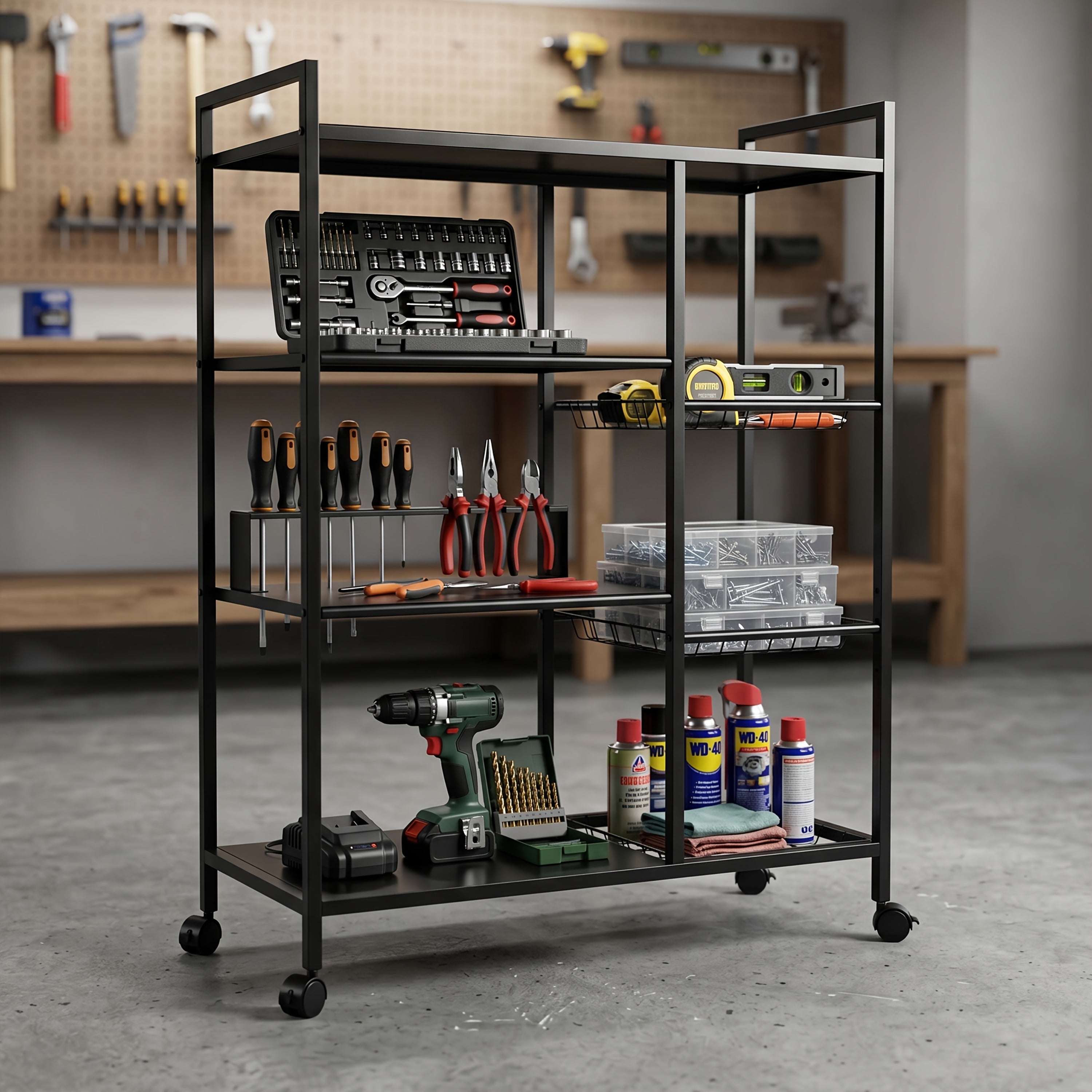 1pc Movable Storage Rack, Adjustable Kitchen Shelf with Baskets, Kitchen Organizer And Storage, Metal Shelf Rack with Wheels, Suitable for Garage, Pantry, Bathroom, Closet, Warm House Gift, New Home, Standing Shelf, Utility Racks