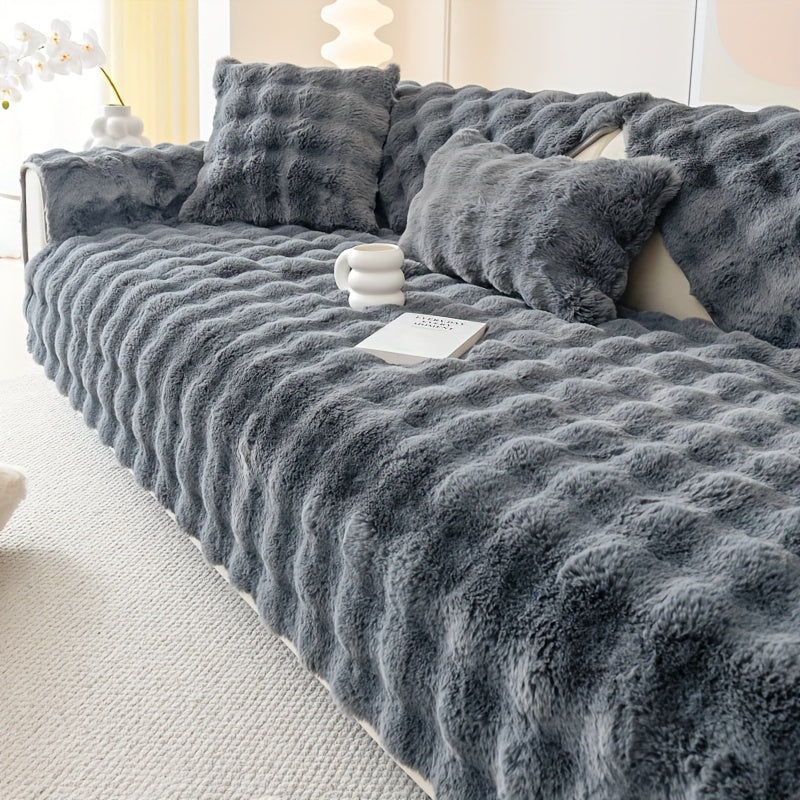 1pc Faux Rabbit Plush Sofa Cover - Winter Warm Thickened Soft Pet-Friendly Anti-Slip Furniture Protection Cover for Bedroom, Office, Living Room