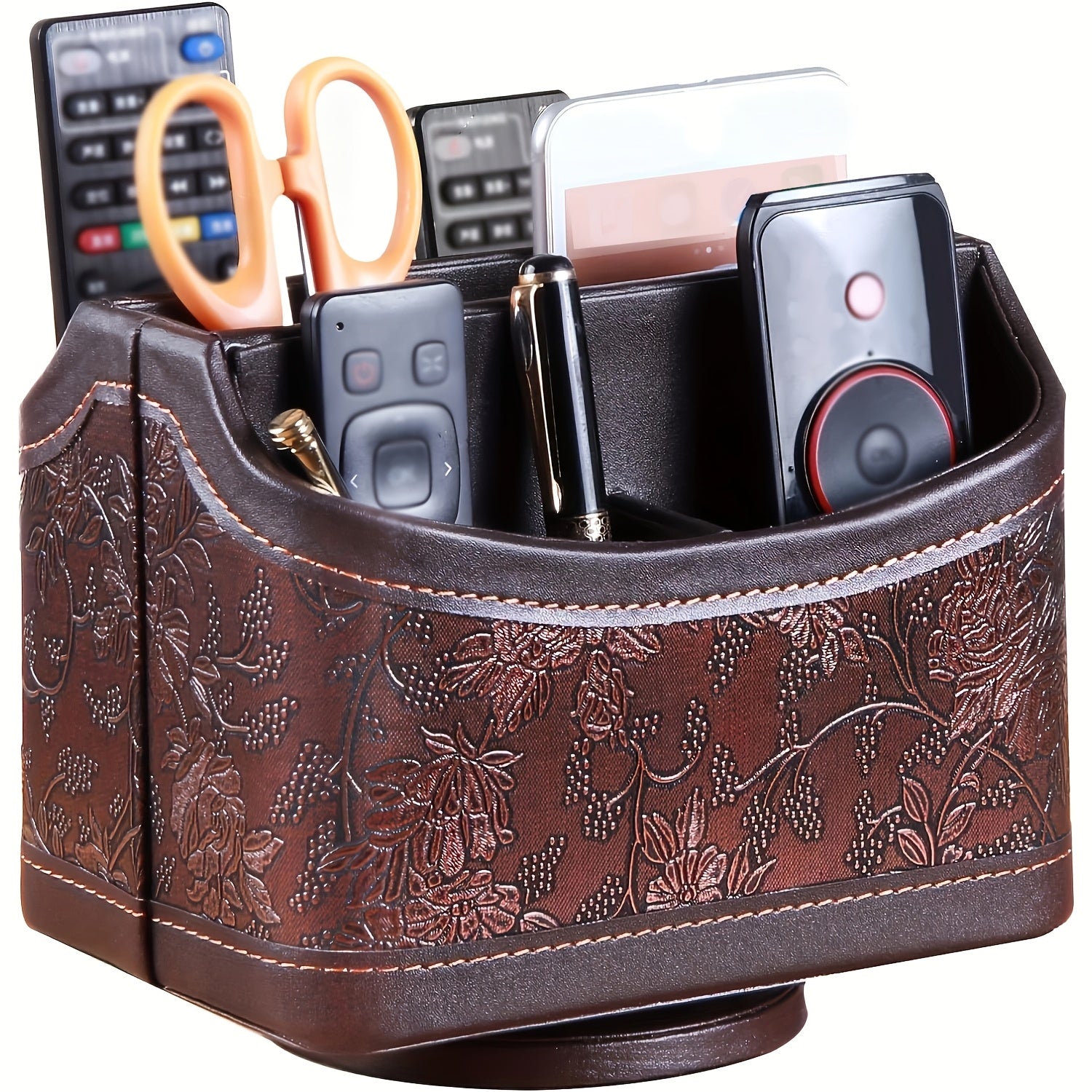 360° Swivel Remote Control Holder with 5 Compartments, PU Leather Multifunctional Desktop Organization Storage Box/Remotes Caddy/Makeup Organizer Basket for TV Controllers, Mobile Phones, Glasses, Cosmetics, Stationery. Home Decor and Accessories, Shelf B