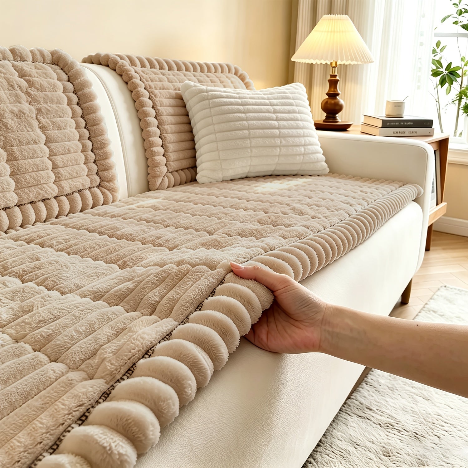 1pc Plush And Comfortable Shu Velveteen New Sofa Cushion, Washable, Easy to Install And Disassemble, Suitable for Home Protection Decorations Of Various Sofas | Wavy Edge Design | Soft And Sticky Velvet Texture