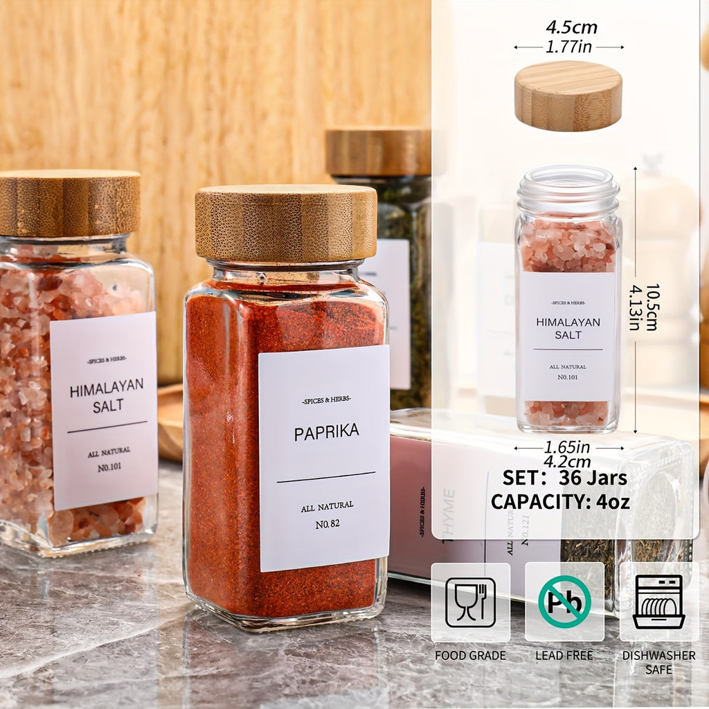 15/24/36pcs Glass Food Dispensing Jars - 4oz, with Bamboo Lids, Labeled Glass Jars with Collapsible Funnels, Spice Racks, Cupboards, And Drawers for Seasoning Dispensing Storage Bottles, Food Dispensers