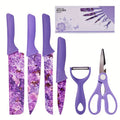 6pcs Jasmine Flower Pattern Kitchen Knife Set Colorful Printing, High Carbon Stainless Steel Blades, Ergonomic Handles, Sharp Meat Cleaver, Serrated Bread Knife, Precise Scissors, Peeler - Perfect Cooking Gifts for Women And Men, Kitchen Essentials