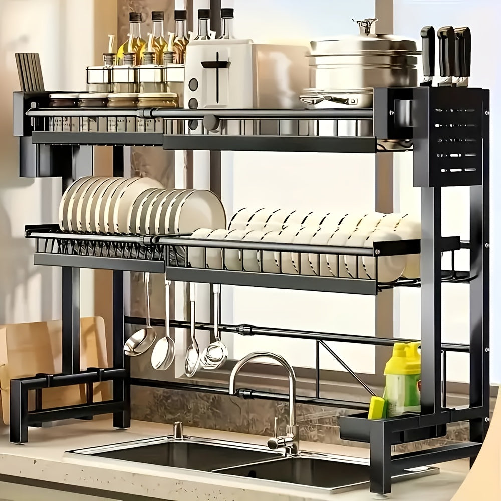 Black Friday Christmas Special! 3-Tier Over Sink Dish Drying Rack - Adjustable Expandable Kitchen Organizer with Baskets, Carbon Steel & Plastic, Black | Space-Saving Drainer | Escurridor De Platos