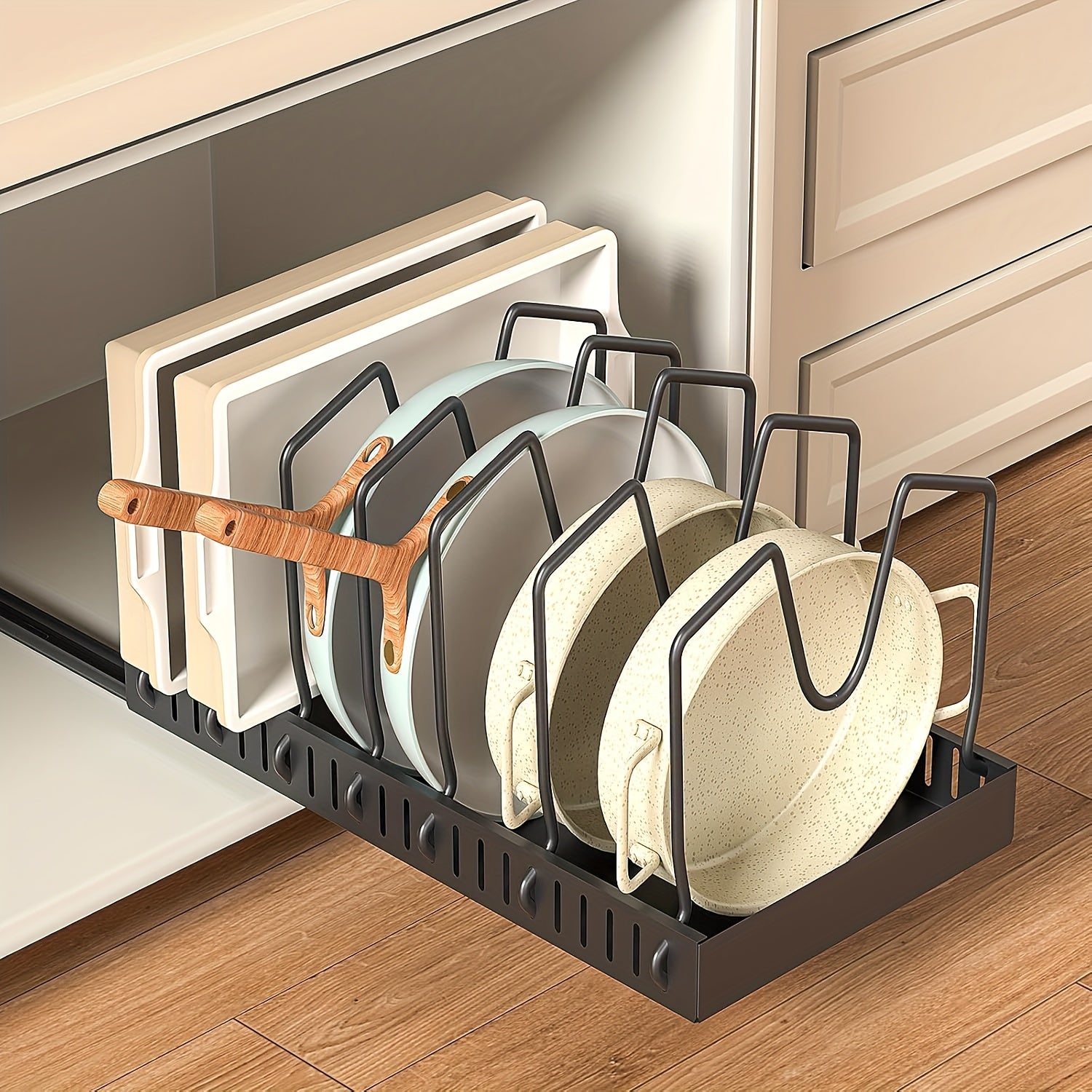 Under Pull-Out Pot And Pan Storage Cabinets, Sliding Lid Rack And Kitchen Pan Rack, Slide-Out Cabinet Storage Cabinet for Pot Lids, Baking Trays, Utensils, 8 Adjustable Dividers, Kitchen Organizers And Storage