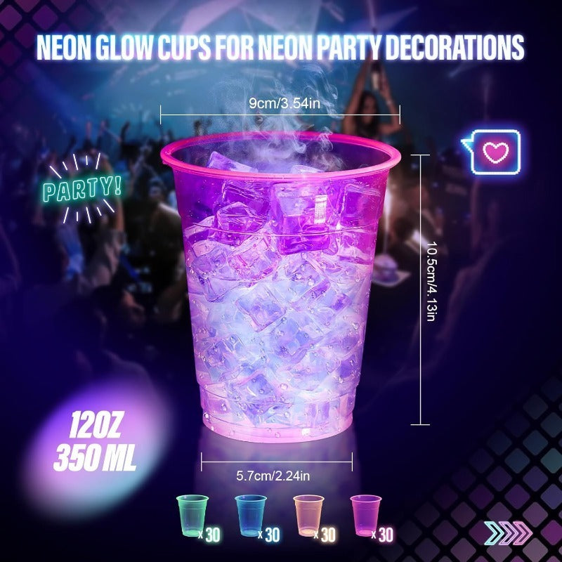 100pcs Plastic for Neon Cups, 12/16Oz Disposable Glowing Cups for Neon Party Decorations, Colorful Glow-In-The-Dark Suitable for Carnival Parties, Christmas, Thanksgiving, Halloween Holidays Halloween