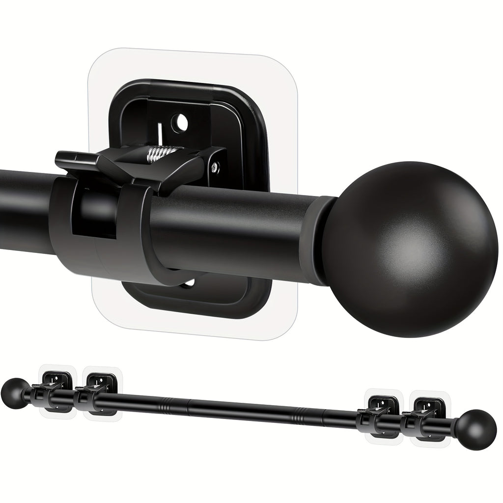 No Drill Curtain Rods Set for Windows 32 to 48 Inch, 5/8 Inch Diameter Metal Drapey Pole with Adhesive Holder Hook - Renter Friendly (Black, Contemporary Style)