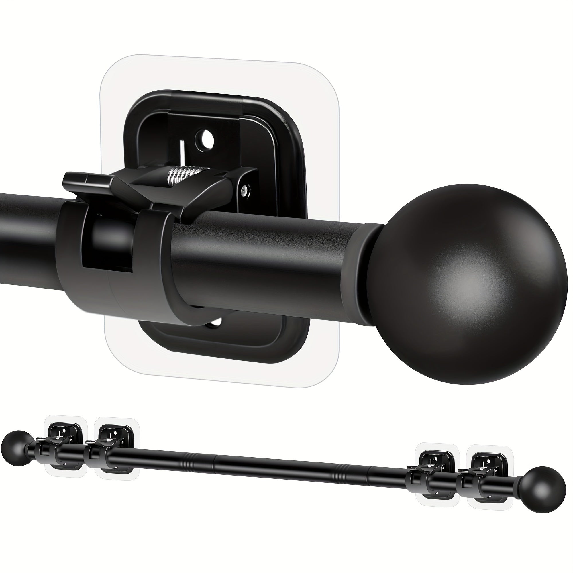 No Drill Curtain Rods Set for Windows 32 to 48 Inch, 5/8 Inch Diameter Metal Drapey Pole with Adhesive Holder Hook - Renter Friendly (Black, Contemporary Style)