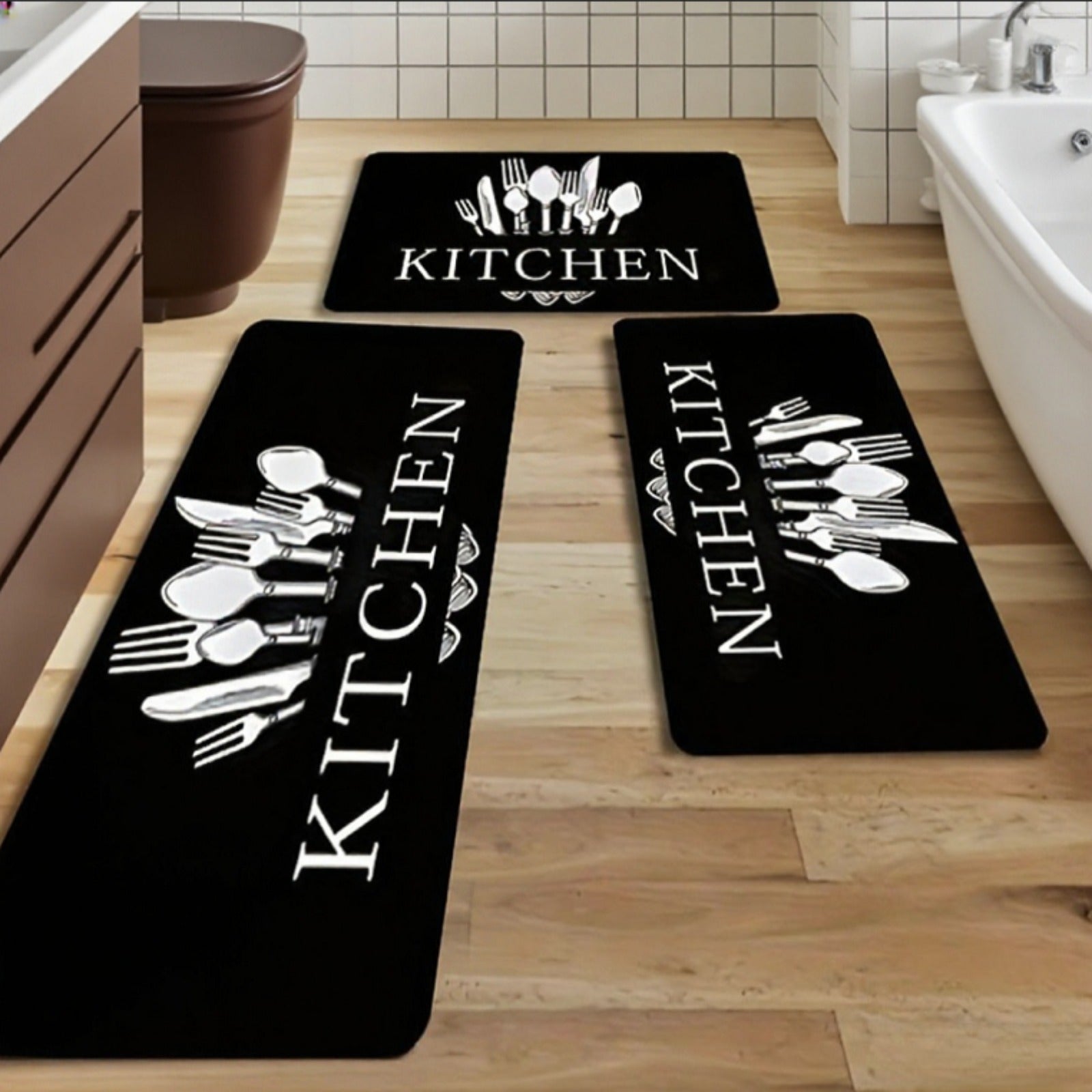 3pcs Kitchen Alphabet Theme Mat Set, Knife And Fork Pattern, Musthave for Home, Non Slip, Soft, Easy to Clean, Suitable for Bedrooms, Living And Dining Room, Kitchen, Bathroom, Gift for Friend And Family, Kitchen Accessories, Halloween Decorations
