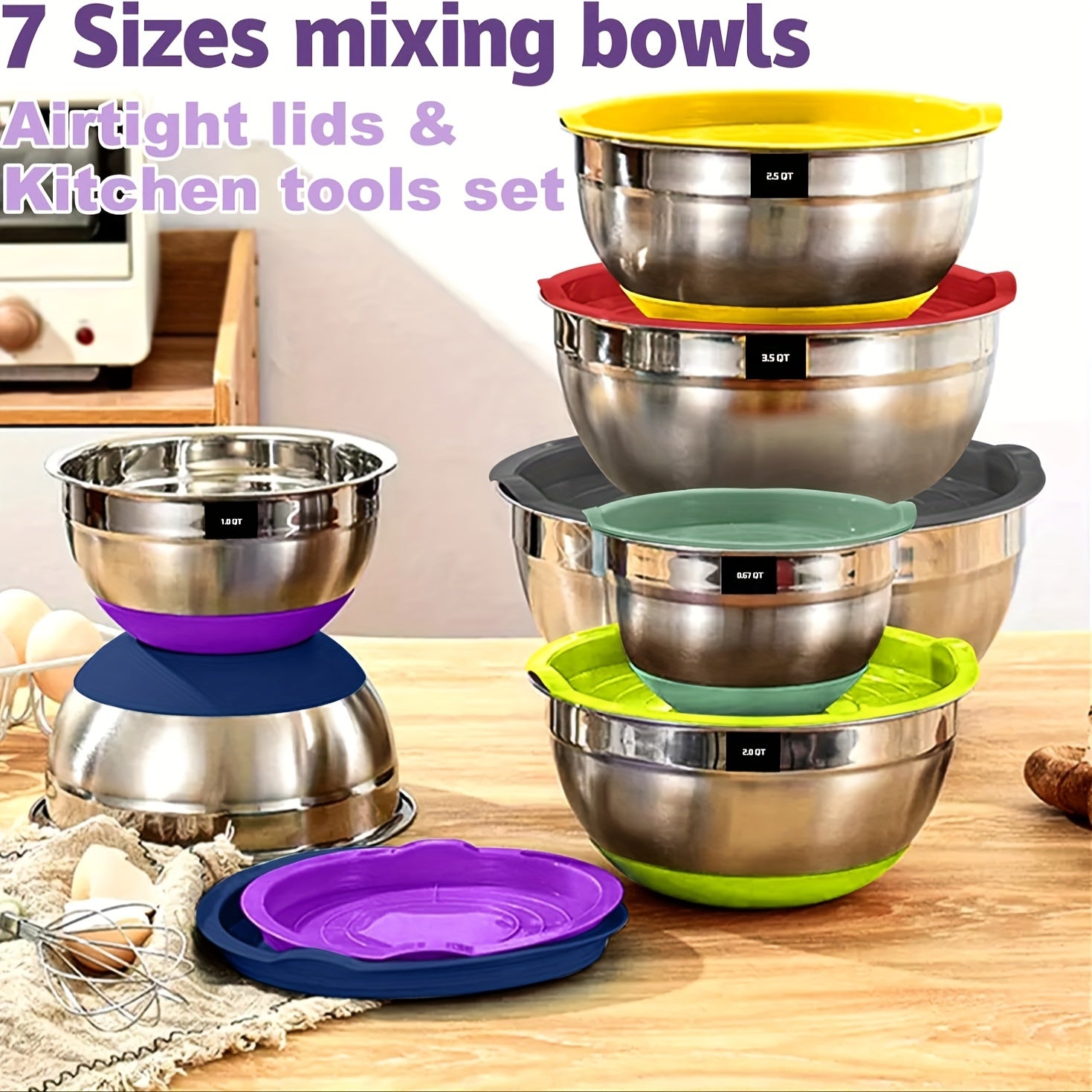20-Piece Stainless Steel Mixing Bowls with Airtight Lids - Non-Slip Colorful Silicone Bottom, Sizes 7, 3.5, 2.5, 2.0, 1.5, 1, 0.67QT for Mixing, Baking, Serving