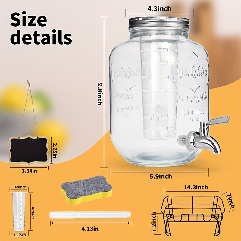 2pcs, 1-gallon Glass Beverage Dispenser Set, With Stand And Stainless Steel Spigot, Leak-proof. Lemonade Dispenser With Ice Tube, Ideal For Kitchen, Camping, Parties, Halloween, And Christmas.