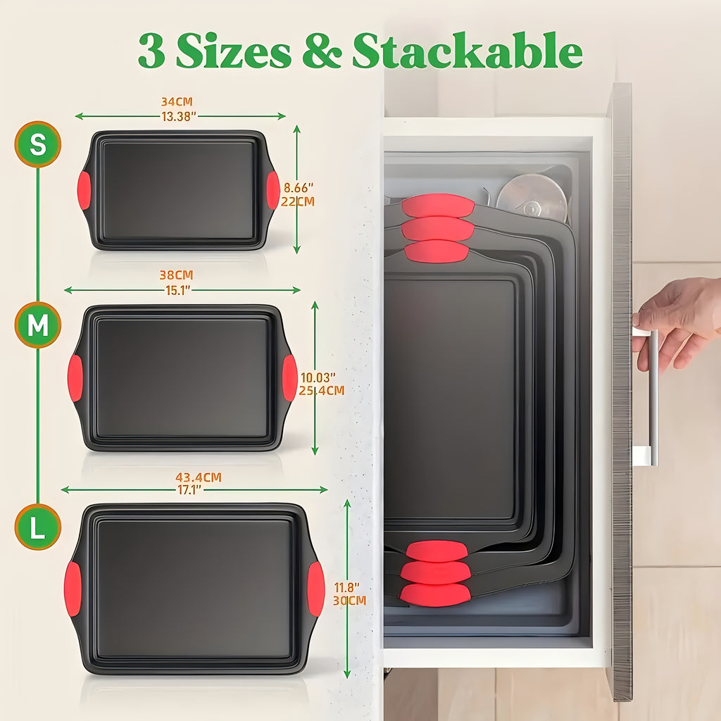 3pcs Carbon Steel Non-Stick Baking Pan | Oven & Toaster Accessories, Commercial Restaurant Grade, Double-Sided Non-Stick Coating, Luxurious & Stylish Design With Red Silicone Handle - Oven Safe Kitchen Accessories, Professional Kitchenware