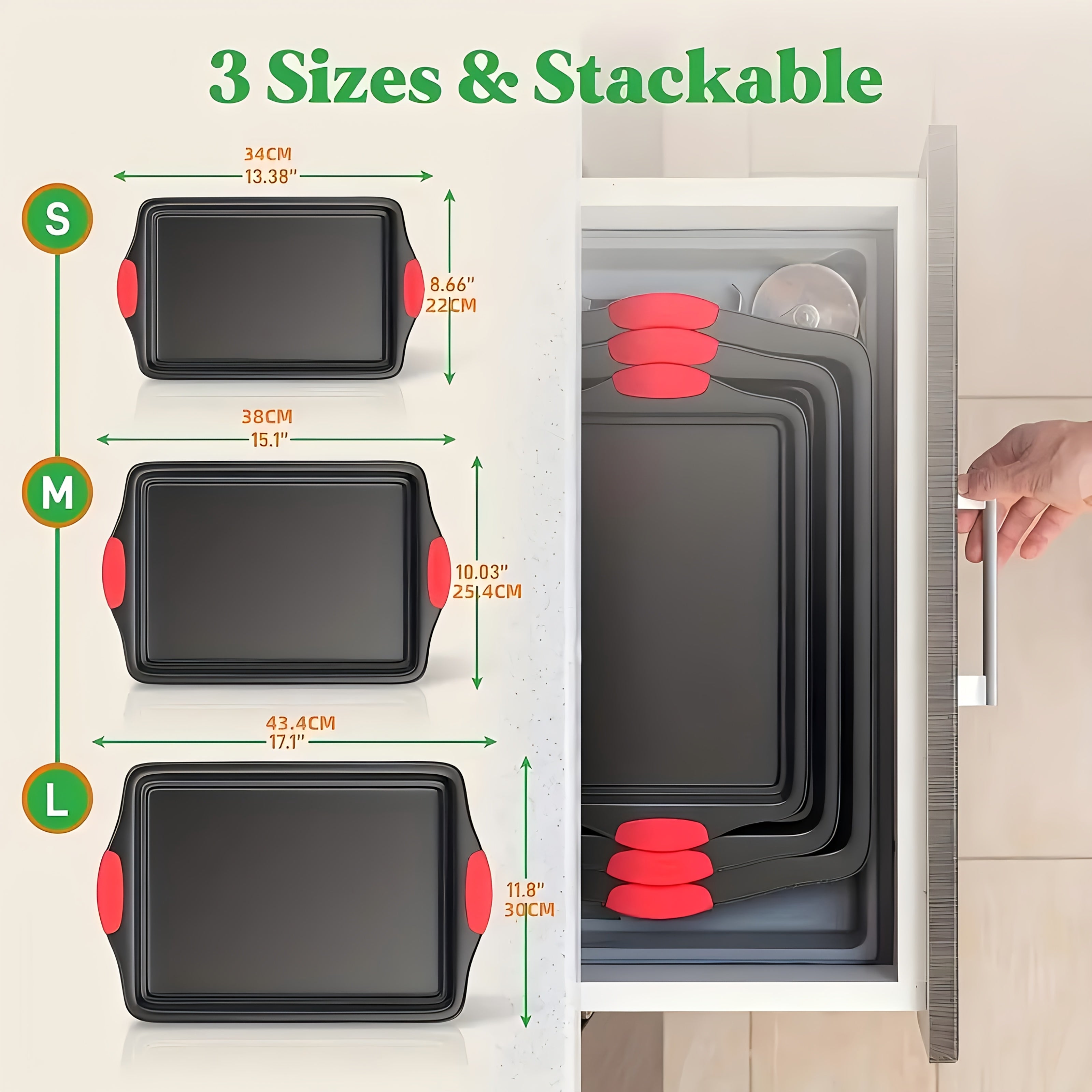 3pcs Carbon Steel Non-Stick Baking Pan | Oven & Toaster Accessories, Commercial Restaurant Grade, Double-Sided Non-Stick Coating, Luxurious & Stylish Design With Red Silicone Handle - Oven Safe Kitchen Accessories, Professional Kitchenware