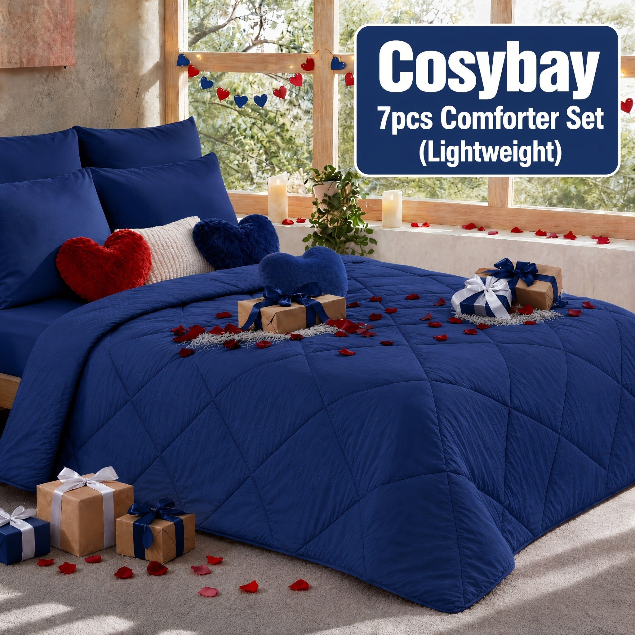 Cosybay 7PC Comforter Set-Luxury Soft Fluffy Pinch Pleated Bedding with 1 Comforter, 1 Fitted Sheet, 1 Flat Sheet, And 4 Pillowcases & Pillow Cover-All Season Quilte Set Queen, Hypoallergenic, Breathable, Easy Care,valentine's Day Gifts,school