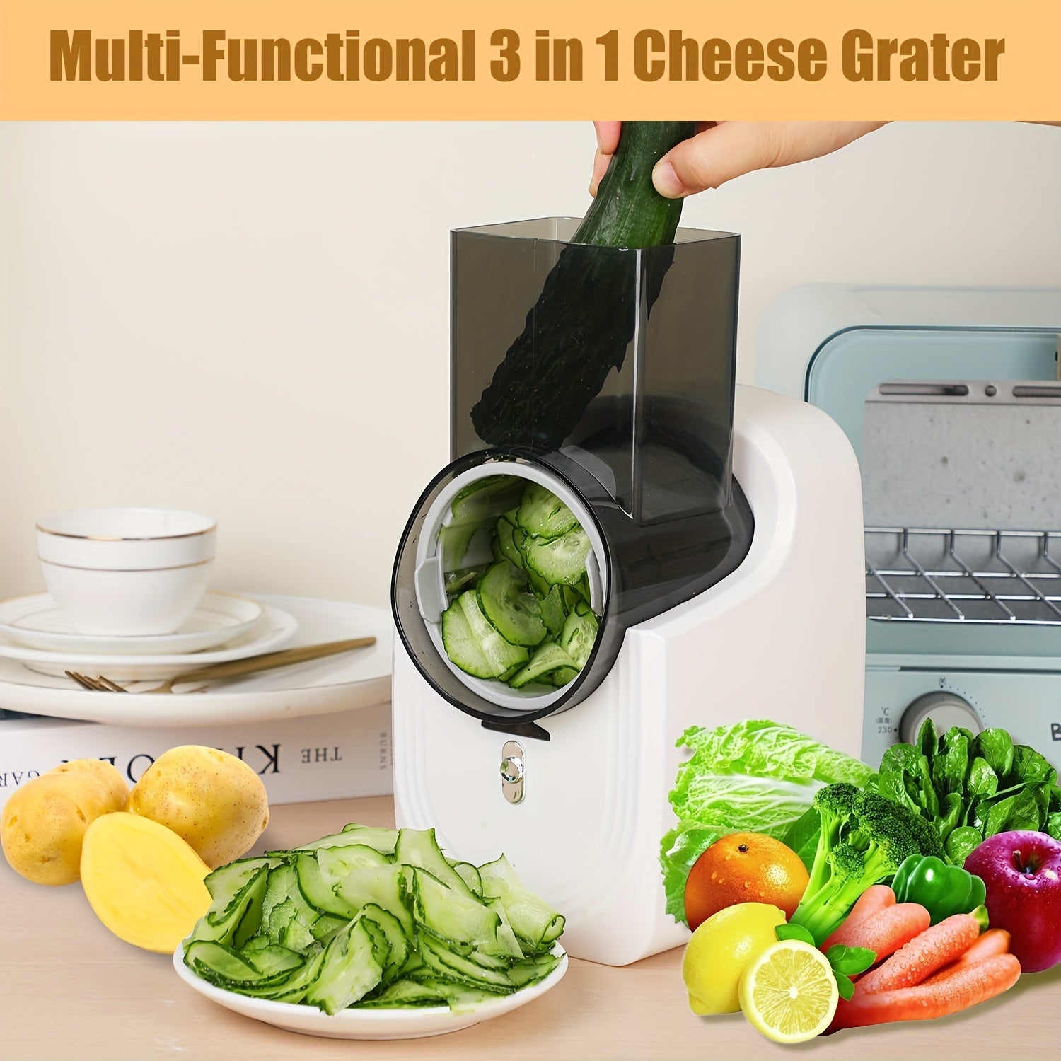 Electric Cheese Grater, Electric Slicer Shredder, Electric Vegetable Slicer Salad Maker, Fruit Cutter, Food Processor Spiralizer for Fruits Veggies with Multi Cone Blades, Stainless Steel, White