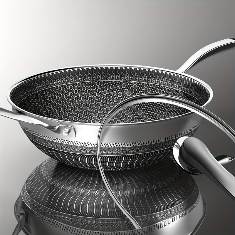 13.3Inch Stainless Steel Non-stick Wok With Lid And 2pcs Cookware Accessories, Honeycomb Design, Home Cooking Pan, Induction Cooker, Electric Ceramic Stove And Kitchenware