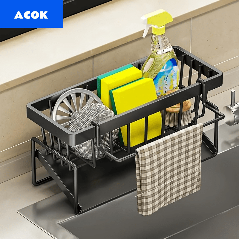 Black Sponge Drain Rack with Dishcloth Holder, Sink Storage Rack for Sponge Dish Soap, Dishcloth Brush, Mop, Utility Rack, Plastic Christmas