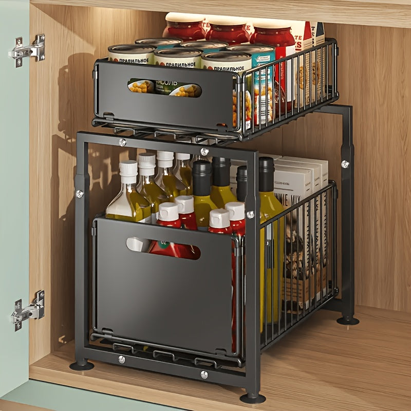 2-Tier Pull-Out Organizers, Space-Saving 2-Tier Under Sink Organizer with Adjustable Height, Sturdy Carbon Steel, Kitchen Storage Shelf, Space-Saving Cabinet Organizer, Kitchen Organizers And Storage