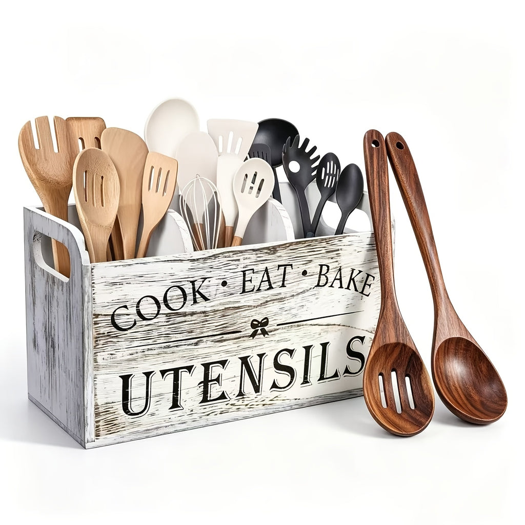 Oversized Rustic Wooden Rack for Storing Kitchen Utensils, Featuring a 3-Compartment Storage Box, Suitable for Both Countertop And Wall Mounting, Crafted from Wood, Ideal for Organizing Cooking, Dining, And Baking Tools