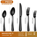 60pcs Black Silverware Set, Stainless Steel Flatware Cutlery Set Service for 12, Tableware Eating Utensils Include Knives/Forks/Spoons, Mirror Polished, Dishwasher Safe