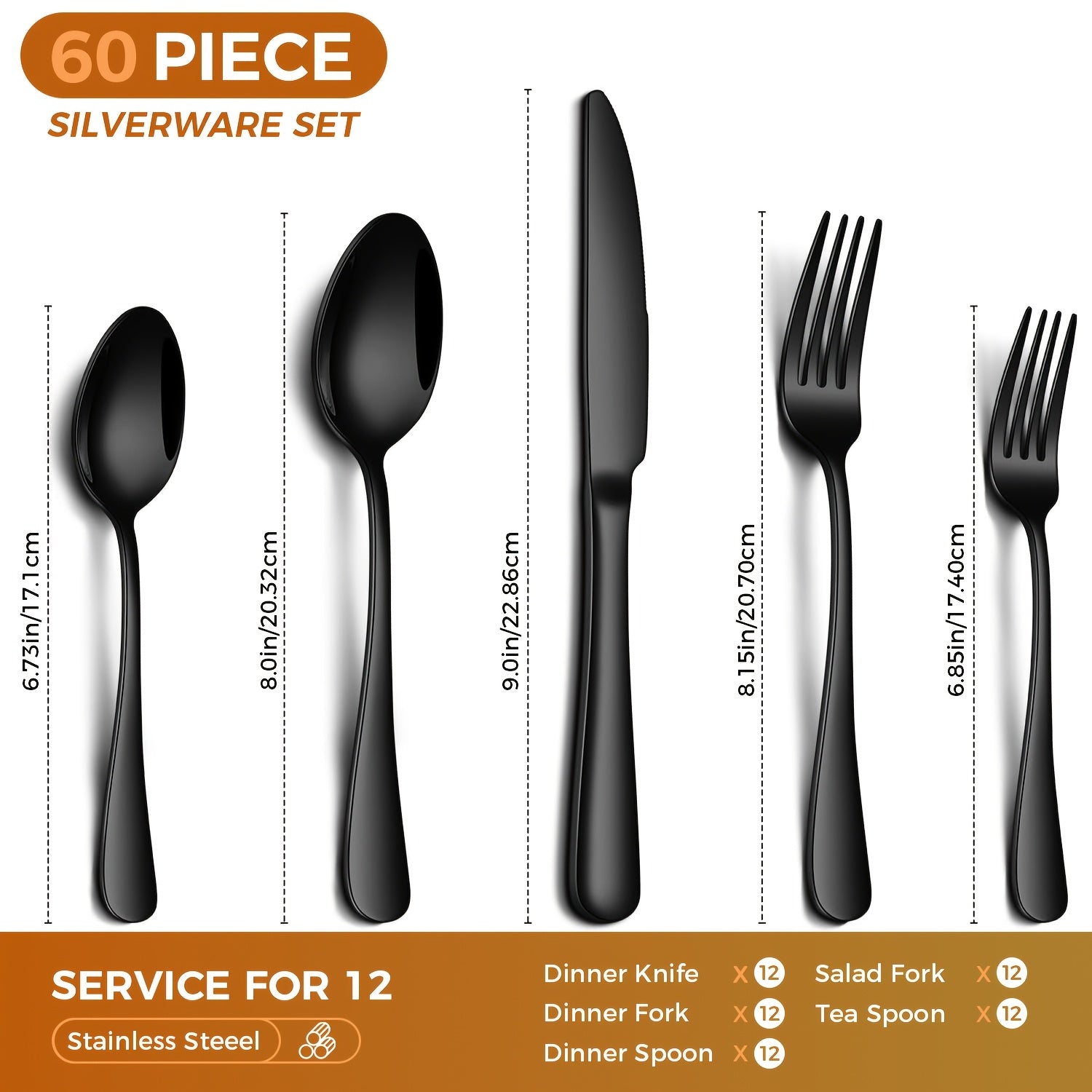 60pcs Black Silverware Set, Stainless Steel Flatware Cutlery Set Service for 12, Tableware Eating Utensils Include Knives/Forks/Spoons, Mirror Polished, Dishwasher Safe
