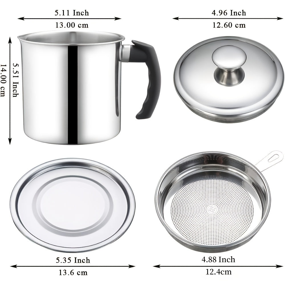 Stainless Steel Kitchen Grease Container with Strainer - Easy Pour Handle, Great for Storing Cooking Oils and Fats, Essential Kitchen Accessories, Kitchen Grease Jar