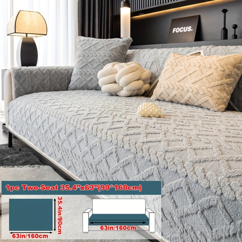 1pc Plush Sofa Mat, Polyester Shu Velveteen Jacquard Knit Fabric Couch Cover, 200-250 g/㎡, Separate Seating Modern Style, Machine Washable Anti-Slip Protection, for Bedroom Office Living Room Home Decoration