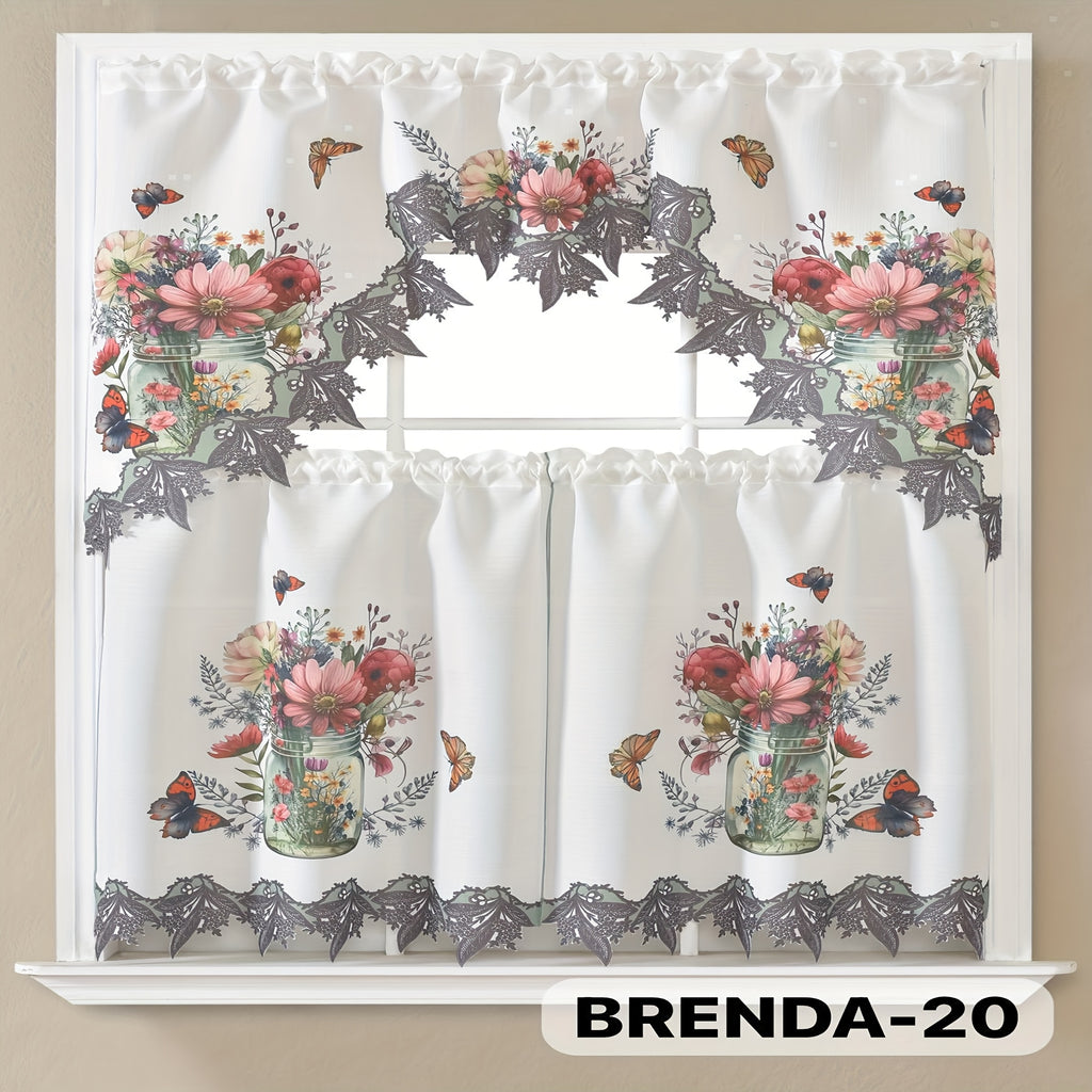 3pcs Embroidery Kitchen Curtains Set Flowers Embroidery Satin Fabric Faux Lightweight Soft Easy Care Machine Washable 49 Design Styles Available Holiday Gifts for Family Local Warehouse All Season Use Summer