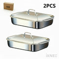4-piece Set: 2 Deep Pans and 2 Lidded Pans with Handles, Stainless Steel Rectangular Baking Pans with Steel Lids - 6-liter Large Capacity, 16.14-inch Deep Baking Pan, Fish Pan, Roasting Pan, Lasagna Pan, Chicken, Dishwasher Safe, Gift for Men