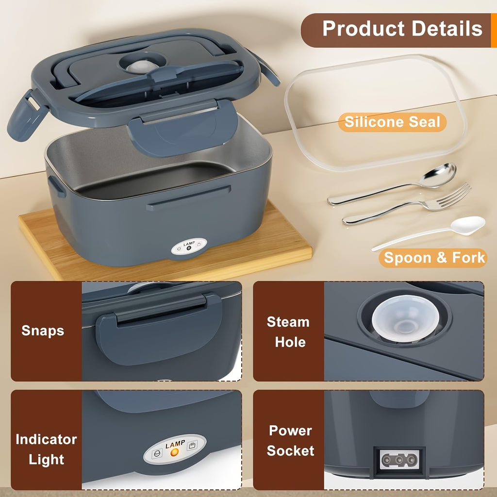 Electric Lunch Box Food Warmer 50.72oz Portable Heated Meal Container 120V Home 12V 24V Car Stainless Steel with Fork Insulated Bag Truck Drivers Office Travel
