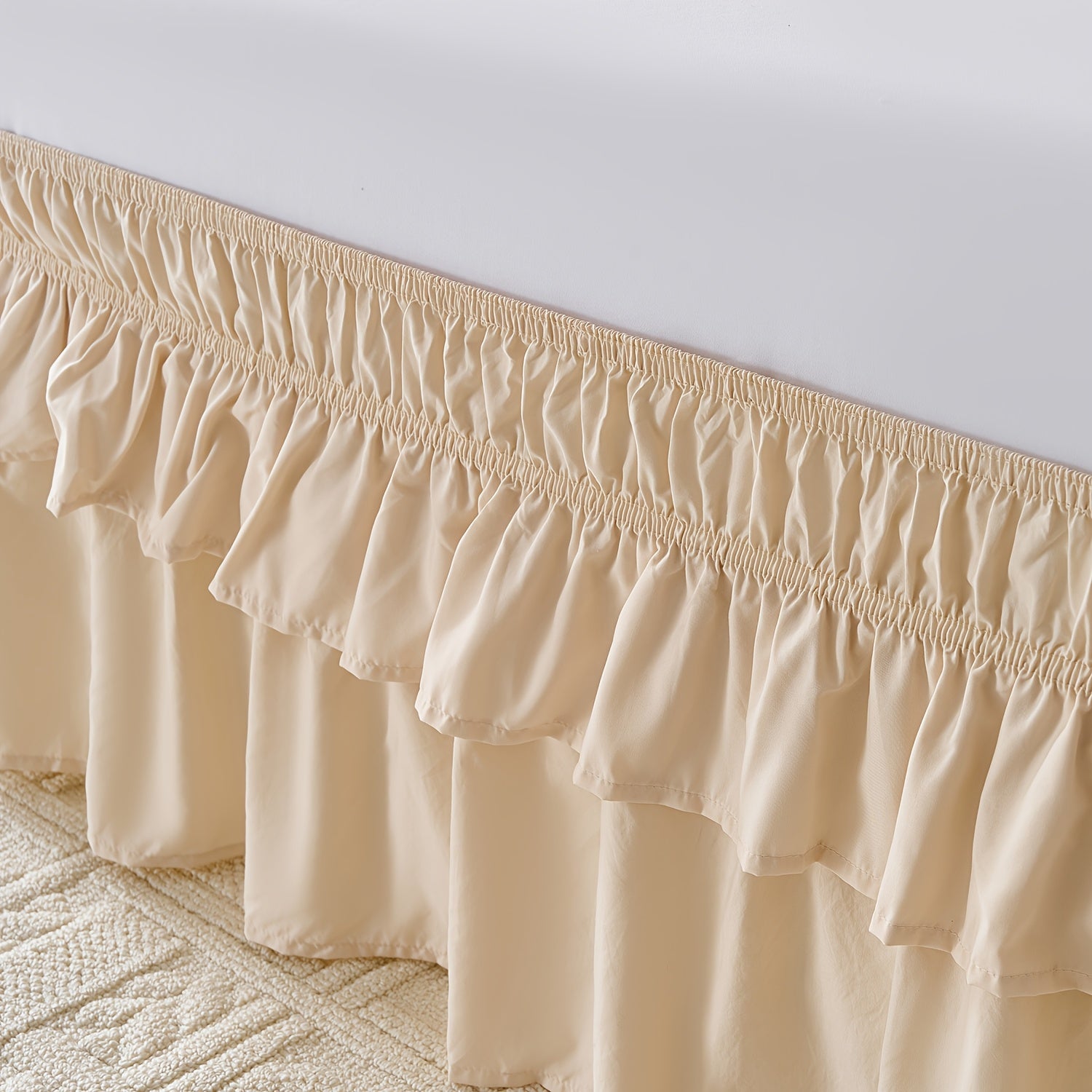Double Ruffle Bed Skirt 16 Inch Drop, Elastic Wrap Around Bed Skirts For Twin Full Queen King Size Bed, Easy To Install Dust Ruffle, Machine Washable Soft Fabric, Multi Ruffle Bedskirt For Bedroom Bedding Home Decor