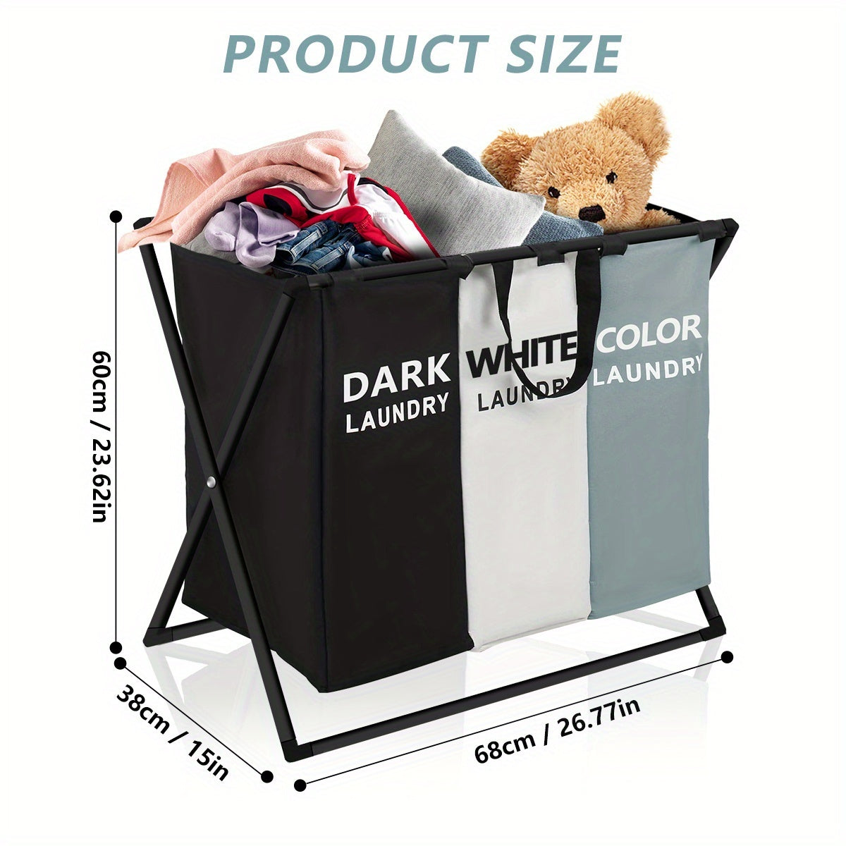 3 Section Laundry Basket Foldable Hamper Sorter with Oxford Bags Large Rectangular Laundry Hamper Basket with Handles - Durable Fabric-Component Design for Home College Dorm Bathroom & Bedroom