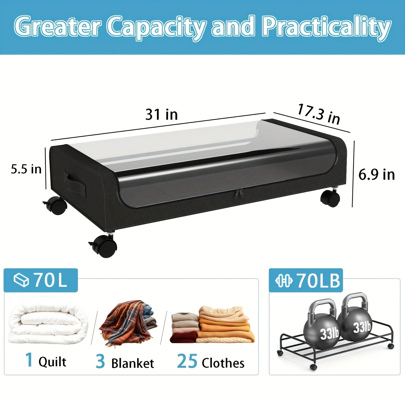 Underbed Storage with Wheels, 2-Pack XXL Large 18.49gal Underbed Storage Containers, Under Bed Organizer for Bedroom Dorm, Under Bed Rolling Storage for Clothes, Bedding, Shoes, Blankets, Books, Under-Bed Storage Organizer for Bedroom Dorm