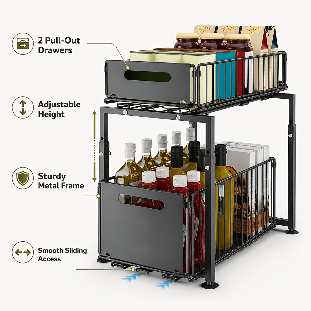 2-Tier Pull-Out Organizers, Space-Saving 2-Tier Under Sink Organizer with Adjustable Height, Sturdy Carbon Steel, Kitchen Storage Shelf, Space-Saving Cabinet Organizer, Kitchen Organizers And Storage