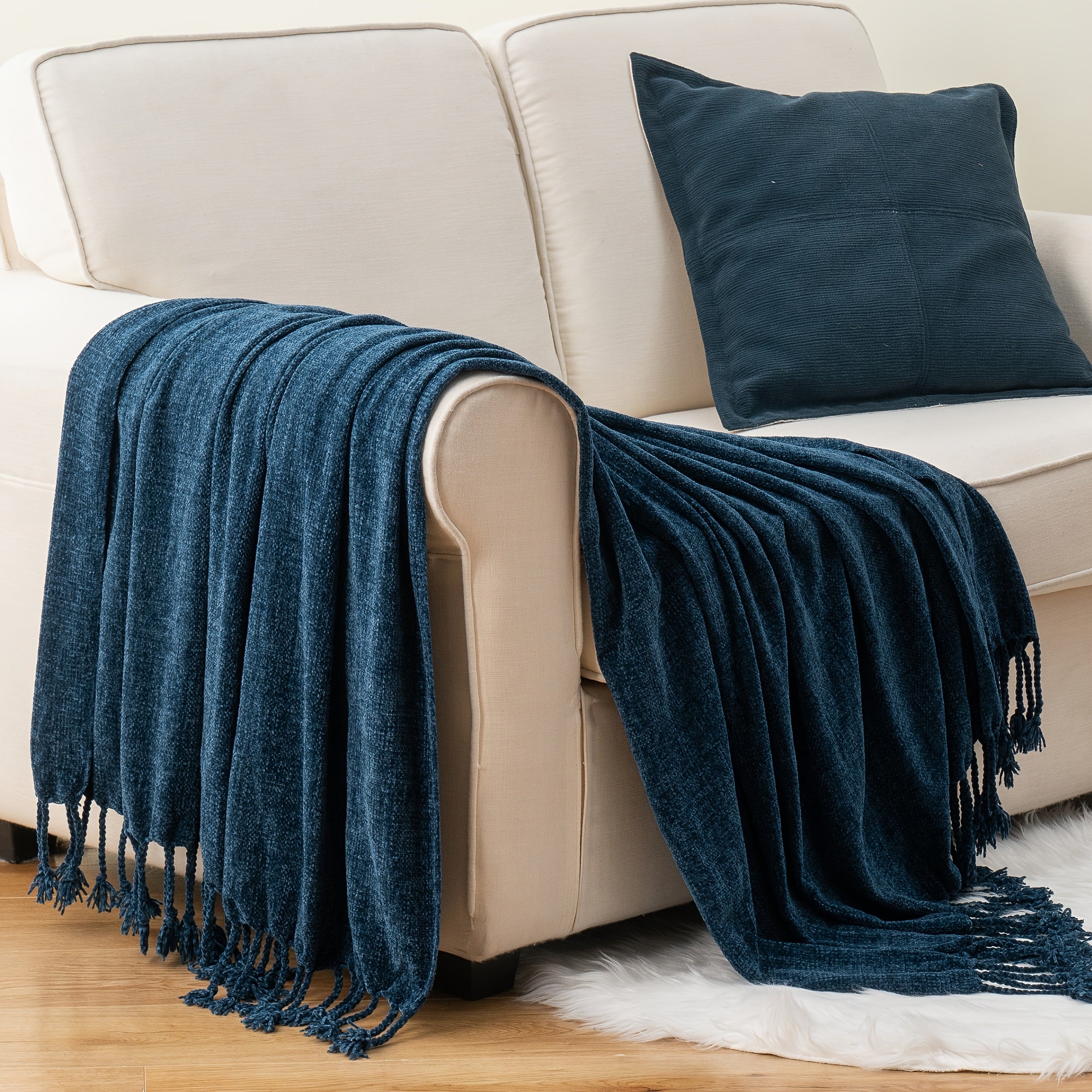 Decorative Fringe Velvety Throw Blanket for Sofa Home Decor, Chenille Throw Blanket for Couch, 50"x60"