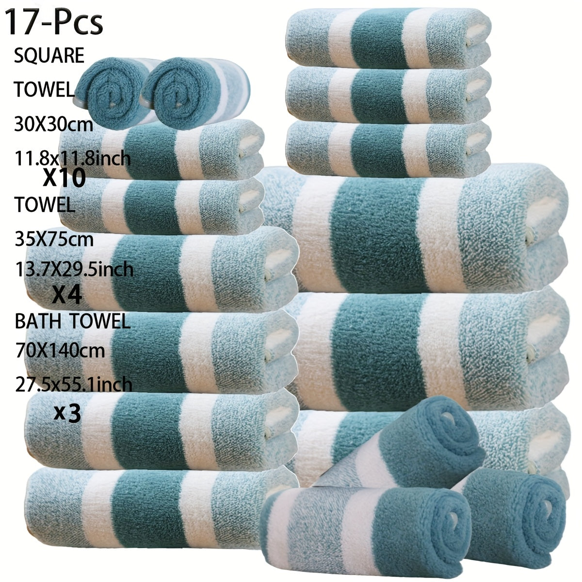 17pcs Luxury Bath Towels Set - Quick-Dry Highly Absorbent Plush Soft Coral Fleece-like Texture, Multi-Size Family Bathroom Towels with Hanging Loops (11.81x11.81inch, 27.56x55.12inch) for Home, Hotel & Spa - Navy & Striped Design, Durable & Space-Saving S