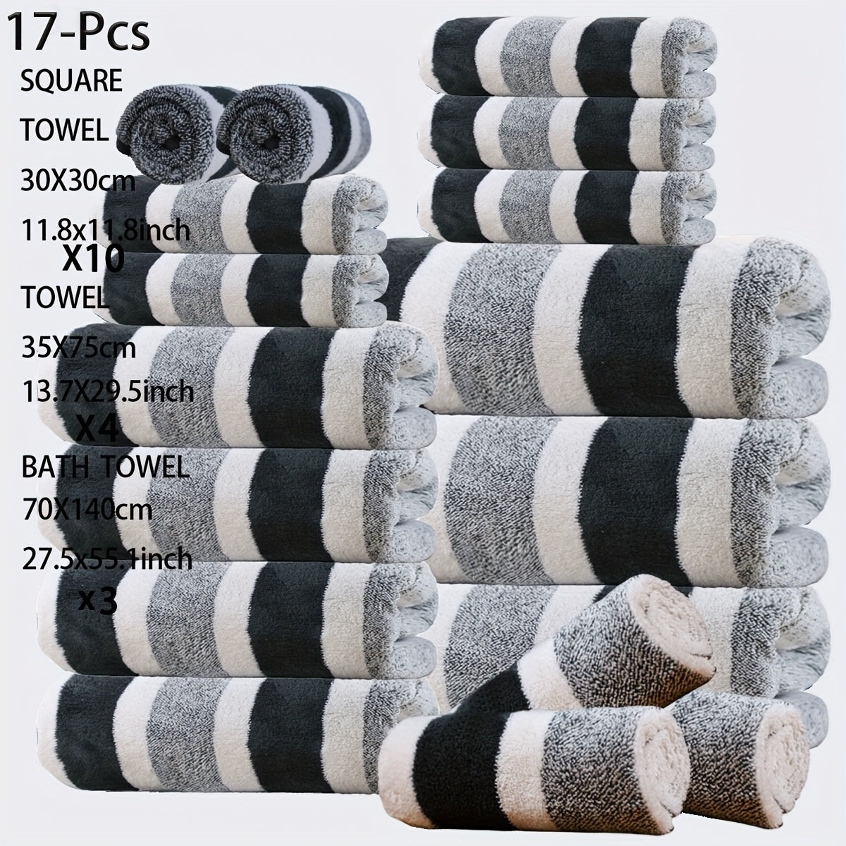 17pcs Luxury Bath Towels Set - Quick-Dry Highly Absorbent Plush Soft Coral Fleece-like Texture, Multi-Size Family Bathroom Towels with Hanging Loops (11.81x11.81inch, 27.56x55.12inch) for Home, Hotel & Spa - Navy & Striped Design, Durable & Space-Saving S