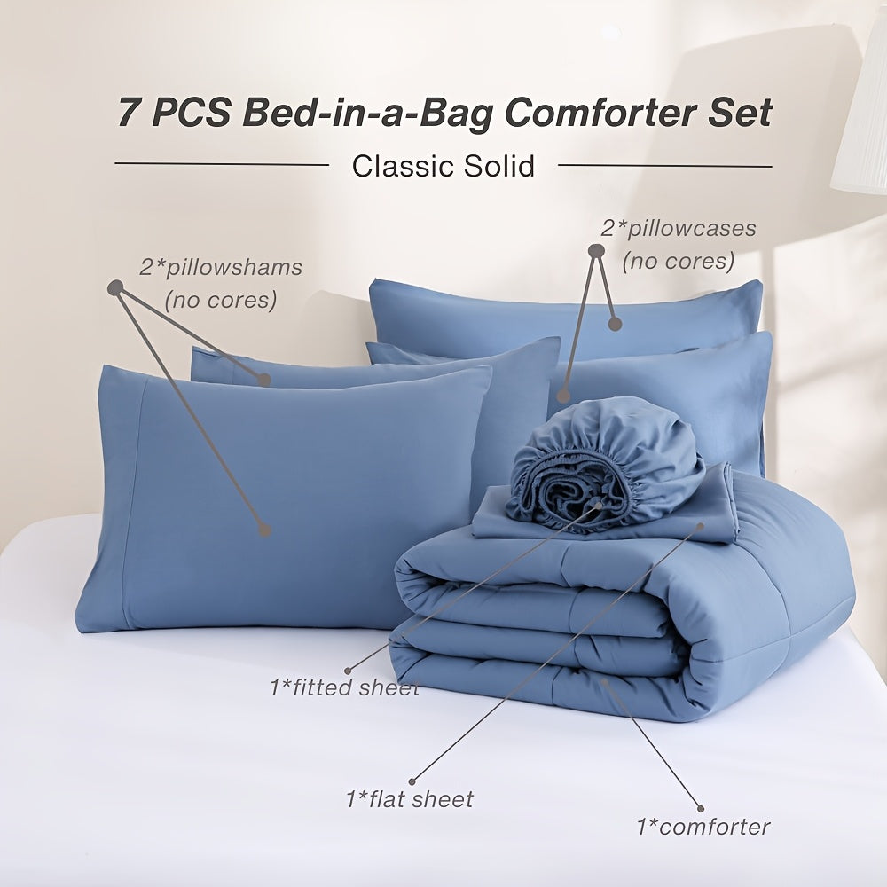5/7pcs Queen Comforter Set - Bed In A Bag Set, Bedding Sets With Box Stitches All Season Quilted Comforter, Flat Sheet, Fitted Sheet, Pillowcases, Queen/King Available, Local Warehouse