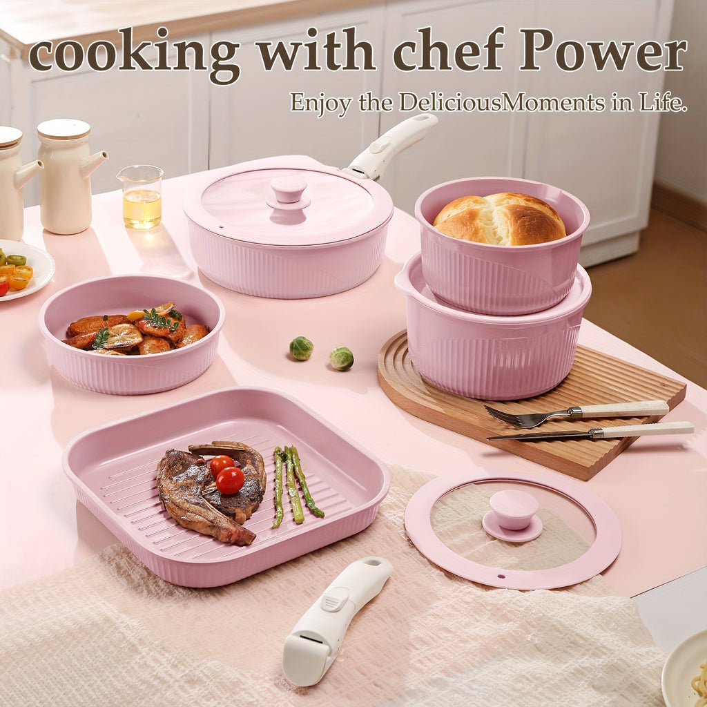 24pcs/7pcs/5pcs Cookware Set Non-Stick Pots & Pans Induction-Ready Kitchen Cookware Set Includes Skillet/Frying Pan/Soup Pot/Steak Pan Removable Handles Home & RV Kitchen Set Stackable Kitchen Accessories Easy To Clean Multiple Colors