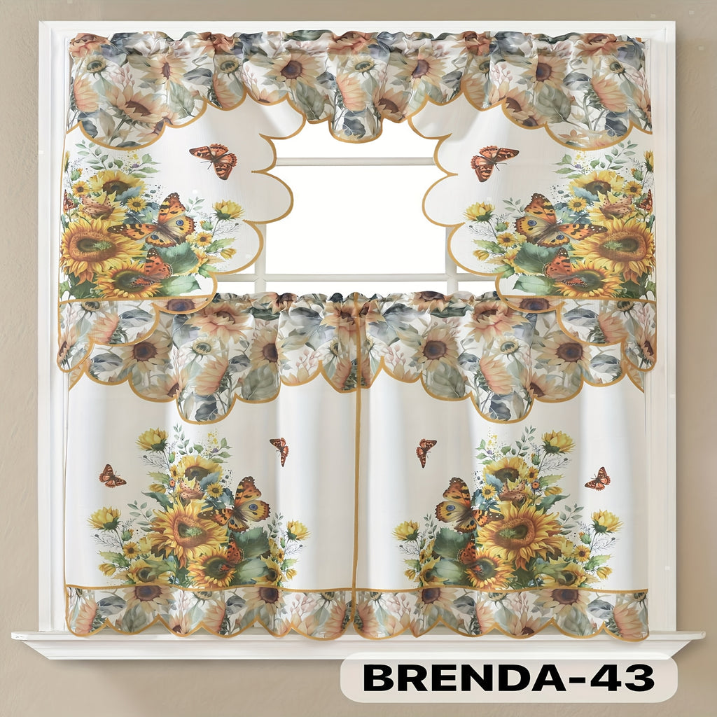 3pcs Embroidery Kitchen Curtains Set Flowers Embroidery Satin Fabric Faux Lightweight Soft Easy Care Machine Washable 49 Design Styles Available Holiday Gifts for Family Local Warehouse All Season Use Summer