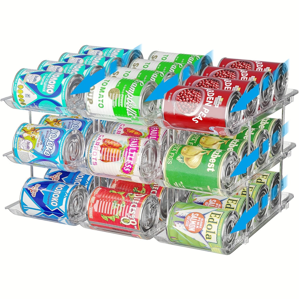 Pantry Can Storage Rack - Holds 36 Cans (3 Tiers/3pcs), Auto-Rolling Stackable Can Storage Rack - Transparent PET Material, Suitable for Soda, Soup, Vegetable Cans - Kitchen, Garage, Dorm Closet Organizer - Tool-Free Easy Assembly.