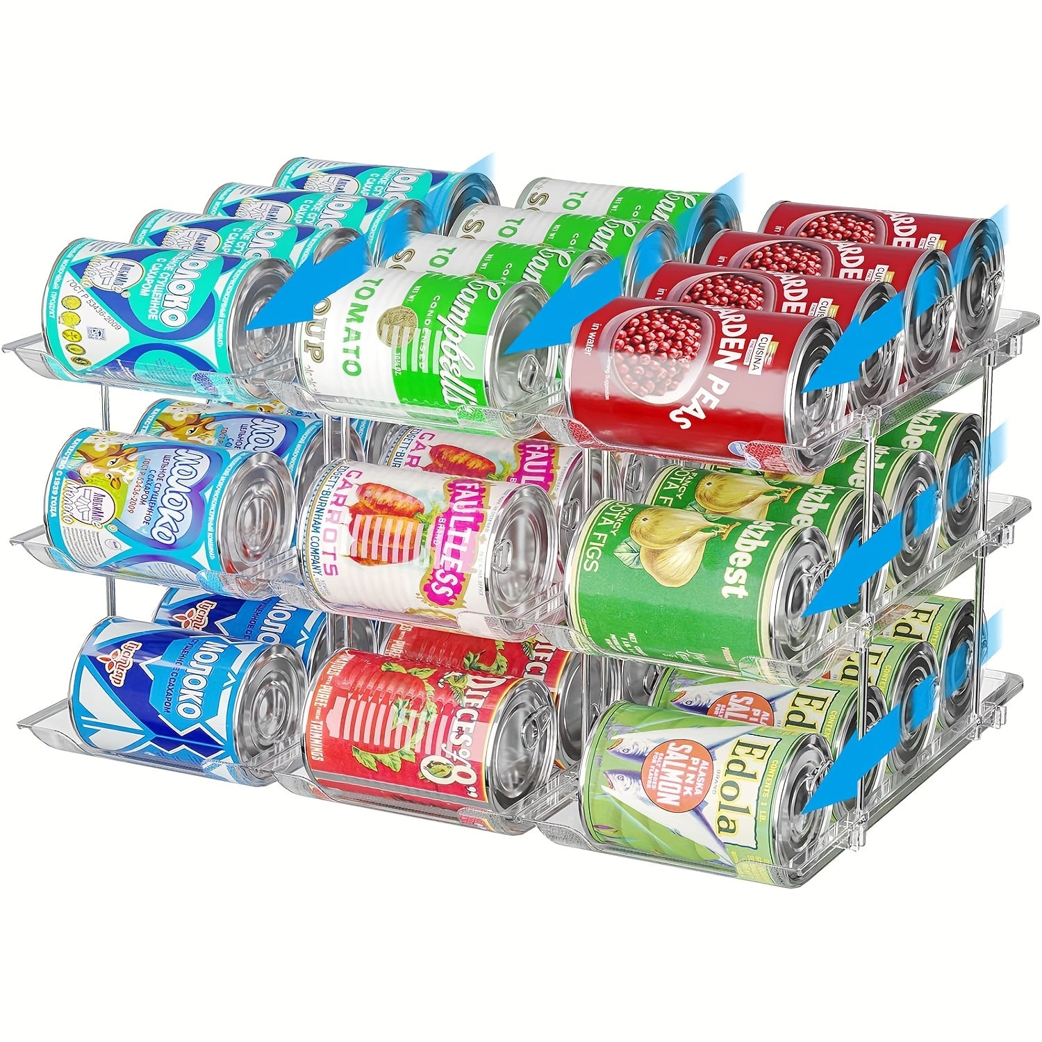 Pantry Can Storage Rack - Holds 36 Cans (3 Tiers/3pcs), Auto-Rolling Stackable Can Storage Rack - Transparent PET Material, Suitable for Soda, Soup, Vegetable Cans - Kitchen, Garage, Dorm Closet Organizer - Tool-Free Easy Assembly.